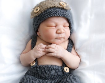Newborn photo prop-baby photo outfit boy coming home outfit-baby announcement knit outfit-handmade suspenders pants and beanie set baby gift