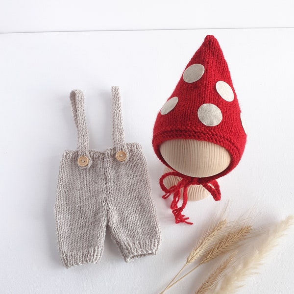 Newborn mushroom knit costume Woodland whimsical mushroom baby gift Amanita gnome newborn hat pants Fairytale garden baby shower gift outfit