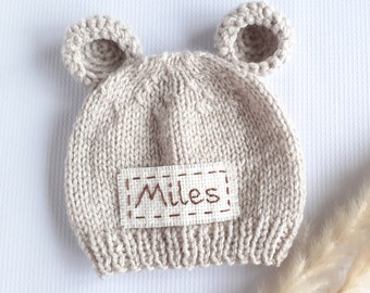 Personalized newborn bear hat with name Handmade custom baby gift boy girl rust-teddy bear baby shower gift-monogram knit baby bear cap ears