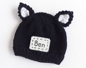 Personalized Baby Black Cat Hat, Hand-Knitted Newborn Beanie with Embroidered Name, New Baby Gift