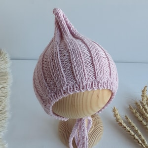 Pink newborn 100% merino wool hat-Ribbed pixie bonnet-Infant girl hospital coming come hat soft