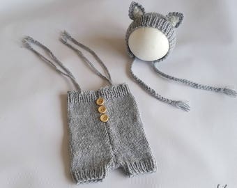 Newborn wolf fox bear knit photo outfit- newborn photo prop-baby Halloween woodlands knit romper hat with ears set- baby announcement outfit