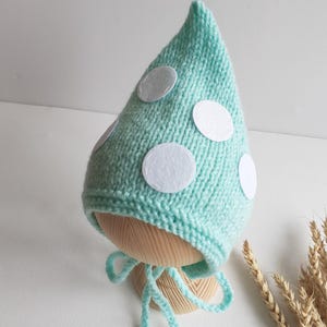 Newborn fairy garden bonnet-Enchanted forest baby mushroom hat, 0-3, 3-6 month-Woodland mint green nursery