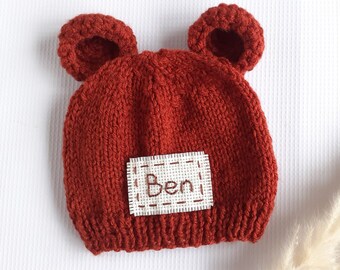 Personalized newborn bear cub hat with name Handmade custom teddy bear baby shower gift idea rust Cute monogram knit baby bear cap with ears