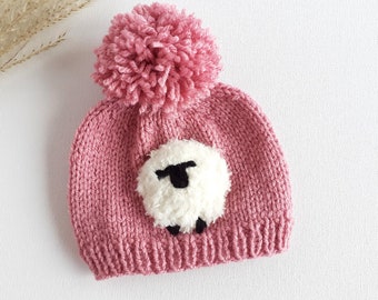 Newborn baby sheep hat  in pink Handmade cute little lamb baby shower gift Baby gender neutral everyday knit hat Infant pom hospital beanie