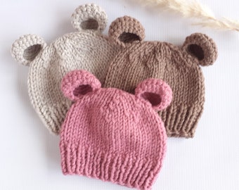 Chunky baby bear hat with ears newborn boy girl knit bear beanie Handmade unique baby gift Teddy bear baby shower gift personalized name