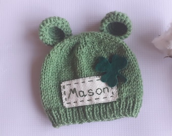 St Patrick&#39;s Day personalized baby hat newborn bear hat shamrock Baby&#39;s first St Patrick Day Irish baby shower gift boy girl photo prop