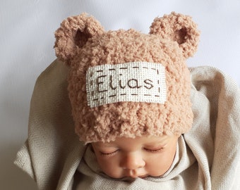 Newborn personalized knit bear hat- baby announcement teddy bear hat with name-newborn bear ears photo prop-teddy bear baby shower gift