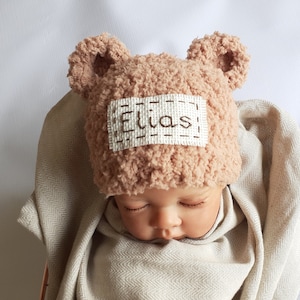 Newborn personalized knit bear hat- baby announcement teddy bear hat with name-newborn bear ears photo prop-teddy bear baby shower gift