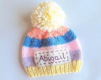 Personalized newborn baby hat with custom name Personalized baby shower gift Monogrammed newborn pompom beanie everyday hand knit hat