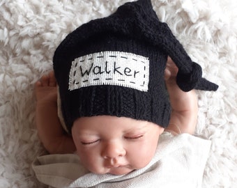 Black personalized newborn hat gift Knot baby goth punk hat Customized name baby hospital knitted hat Name reveal baby announcement baby cap