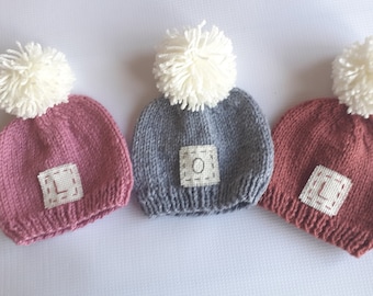 Personalized newborn triplets SET hats gift Handmade triplets mom gift photo prop-triplets reveal announcement  knit hospital pom hats