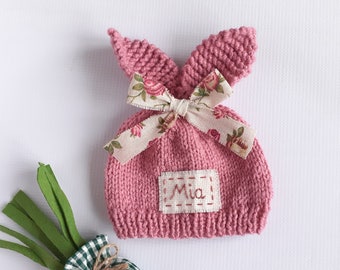 Newborn baby personalized bunny hat with bow Custom name personalized spring baby shower gift Handmade unique monogram bunny rabbit cap