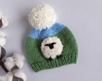 Newborn baby lamb sheep hat  Handmade unique little lamb baby shower gift idea Baby's everyday knit hat Infant pom pom beanie