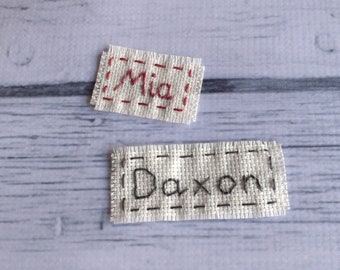 name tag ONLY, custom wording hand embroidered stitched baby hats tags personalized embroidery sew on cream natural color custom patch