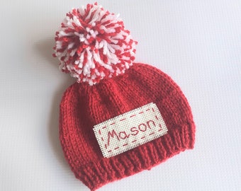 Personalized Santa Christmas knit hat for newborn boy girl-newborn Christmas photo prop-baby's first Christmas custom name hat handmade gift