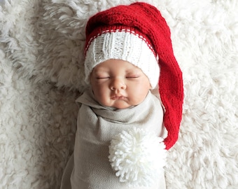 Baby Santa hat for newborn girl boy-newborn Christmas photo prop-knit Santa helper baby's first Christmas pompom Santa long tail cap