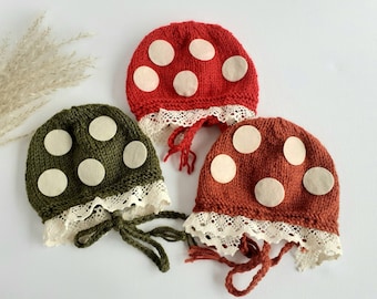 Newborn baby mushroom fairy bonnet Hand knit infant mushroom hat Cottagecore baby handmade mushroom gift Woodland newborn girl hospital cap
