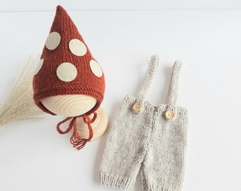 Mushroom newborn Halloween costume Baby gnome hat pants knit outfit Newborn woodland fairy costume Cottagecore toadstool newborn photo prop