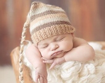 Newborn baby striped elf hat -gender neutral brown elf hat-newborn photo prop-baby's first winter fall cap-baby announcement hospital hat