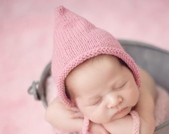 Newborn baby bonnet gnome hat-newborn photo prop-newborn knit pixie hat-handmade gnome baby shower gift-baby announcement hospital hat