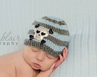 Newborn Pirate Skull Knit Beanie, Baby Goth Rocker Hat, Punk Photo Prop