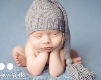 Newborn elf hat with long tail Handmade new baby gift idea- newborn boy girl prop sleepy elf hat stocking munchkin cap newborn photo prop