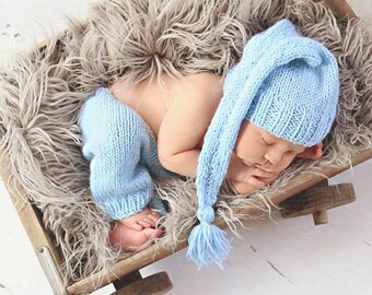 Newborn knit photo outfit- newborn baby knit pants and long elf stocking hat-handmade baby gift-baby announcement outfit-gender neutral set