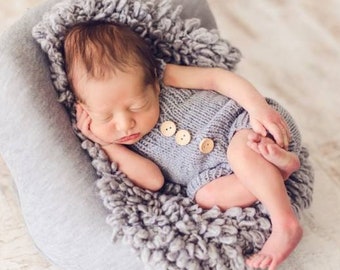 Newborn knit photo outfit- baby boy girl romper striped knot elf hat set-newborn photo prop-baby announcement outfit-newborn romper hat set