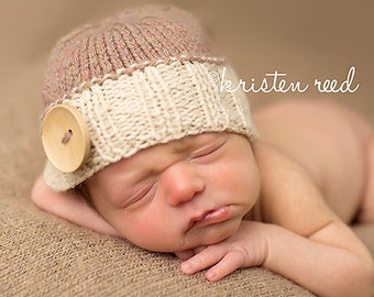 Newborn knit beanie hat with button -newborn photo prop-infant boy hospital coming home cap-handmade baby gift-baby's knit everyday hat