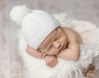 Newborn Knit Pompom Beanie, Simple Baby Winter Hat, New Baby Gift Gender Neutral
