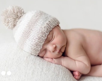 Hand Knit Newborn Baby Hat- Knitted Pom Beanie- Baby's First Hat Unisex