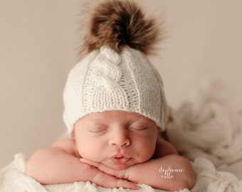 Newborn faux fur pom pom hat Baby beanie with fur bobble Nnewborn photo prop Winter gender neutral knit baby hat Handmade baby shower gift