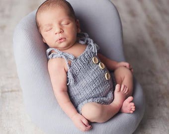 Newborn boy photo outfit romper and elf hat SET  newborn photo prop, hand knit romper suspenders and stocking hat,baby announcement