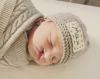 Personalized Knit Newborn Hat, Monogram Name Baby Beanie, Infant Boy Girl Hospital Hat