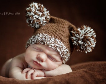 Newborn baby knit hat with two pompoms Baby's first winter fall hat Infant coming home newborn hospital hat Can be personalized