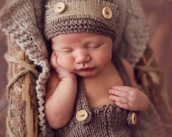 Newborn suspenders pants hat set Newborn boy photo outfit Newborn photo prop Western cowboy style newborn baby hand knit costume Baby gift