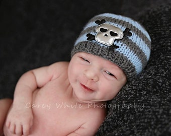 Hand-Knitted Newborn Skull Beanie, Punk Goth Baby Photo Prop. Rocker Baby Gift