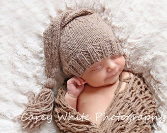 Newborn photo prop elf hat, knit baby boy girl stocking sleepy elf hat,new baby handmade gift idea, gender neutral prop