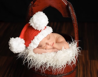 Newborn baby's first Christmas pom beanie hat-newborn Christmas photo prop-Santa baby shower handmade gift-Christmas baby hospital cap