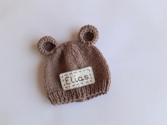 Personalized Newborn Bear Hat with Name- New Baby Gift Personalised -Knit Baby Hospital Beanie
