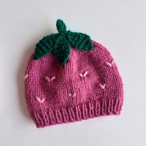 May include: A knitted hat in the shape of a strawberry. The hat is primarily pink with green leaves and a stem at the top. Small pink stitches are scattered across the hat, resembling strawberry seeds.