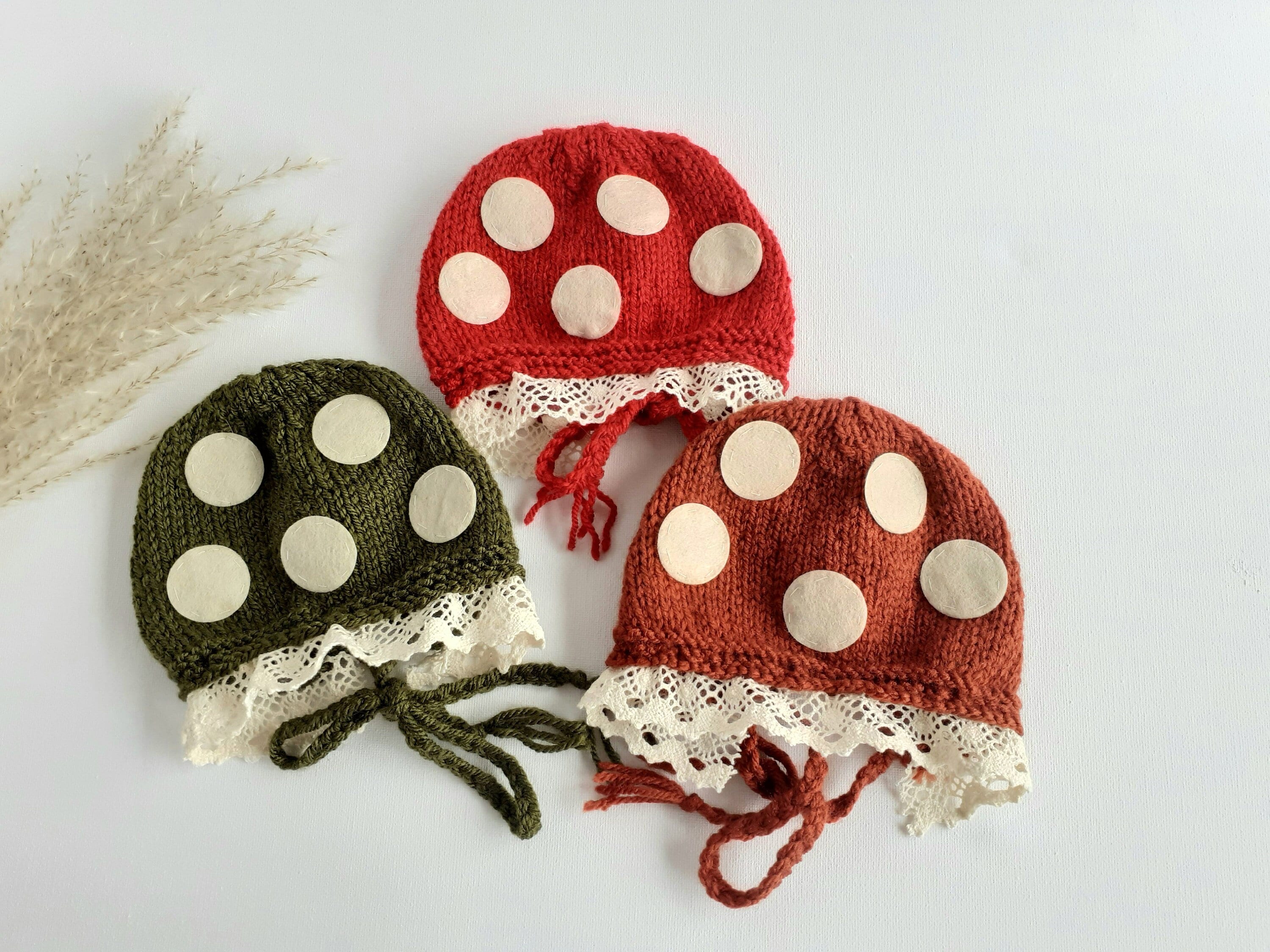 Newborn baby mushroom fairy bonnet Hand knit infant mushroom hat Cottagecore baby handmade mushroom gift Woodland newborn girl hospital cap