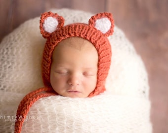 Newborn fox bonnet hat with ears, newborn photo prop, newborn woodland forestcore hat props-handmade baby gift-baby forest animal knit hat