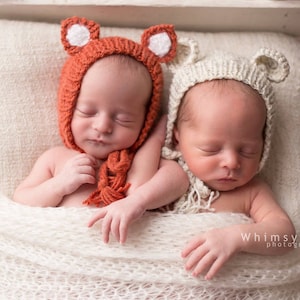 Newborn fox bear knit hat with ears-newborn photography prop-teddy bear hospital coming home baby cap-woodland animal baby shower nursery