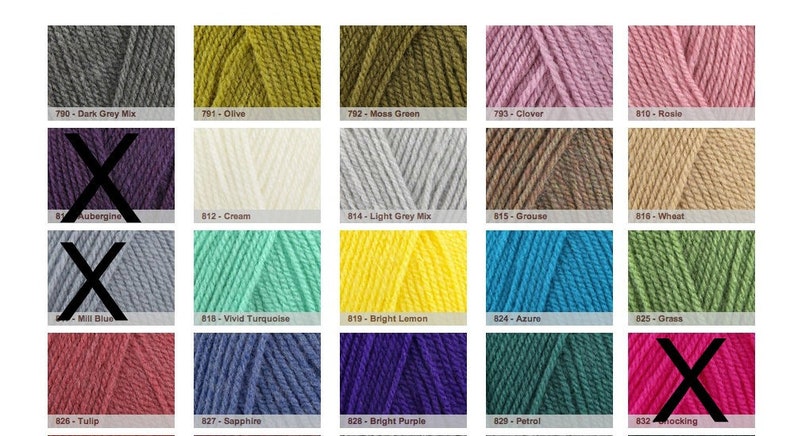 K&ouml;nnte beinhalten: Eine Farbkarte mit Garnproben in verschiedenen Farben, darunter Dunkelgrau-Mix, Oliv, Moosgr&uuml;n, Klee, Rosie, Aubergine, Creme, Hellgrau-Mix, Auerhahn, Weizen, M&uuml;hlblau, leuchtendes T&uuml;rkis, leuchtendes Gelb, Azurblau, Gras, Tulpe, Saphir, leuchtendes Lila, Petrol und Spott.