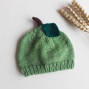 May include: A knitted green baby hat shaped like a pear, with a brown stem and a green leaf. The hat is made of soft yarn and is designed to fit a baby's head. The hat is a unique and whimsical accessory.