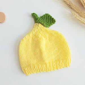 May include: A knitted baby hat in the shape of a lemon. The hat is primarily yellow with a green leaf and stem detail at the top. The hat is made of soft yarn and is designed to fit a baby's head.