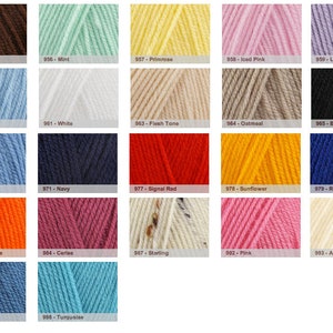 May include: A color chart of yarn samples, with each color labeled with a number and a name. The colors include chocolate, mint, primrose, iced pink, lilac, powder blue, white, flesh tone, oatmeal, black, bluebell, navy, signal red, sunflower, royal, bright orange, cerise, starling, pink, aran, denim, and turquoise.