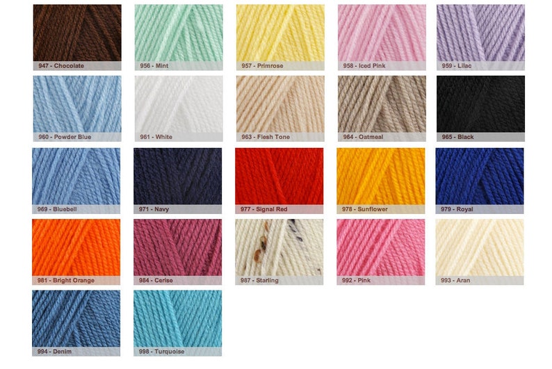 May include: A color chart of yarn samples, with each color labeled with a number and a name. The colors include chocolate, mint, primrose, iced pink, lilac, powder blue, white, flesh tone, oatmeal, black, bluebell, navy, signal red, sunflower, royal, bright orange, cerise, starling, pink, aran, denim, and turquoise.